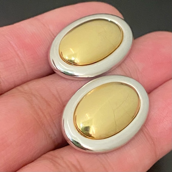 Vintage NAPIER 2-tone High Polished Metal Oval Cabochon Modernist Earrings 12g. - Picture 4 of 14